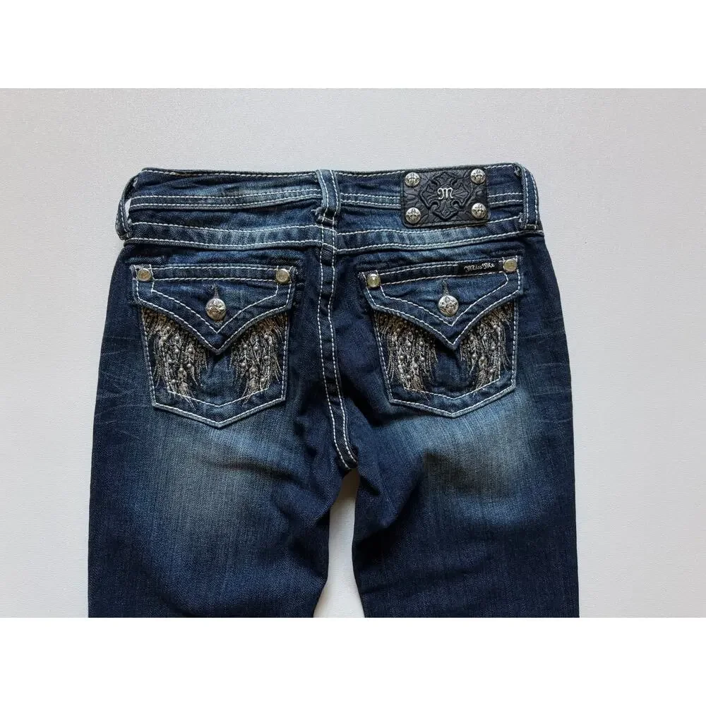 Miss Me Dark Blue Mid-Rise Angel Wing Flap Pocket Bootcut Jeans 16 Girls'/Youth